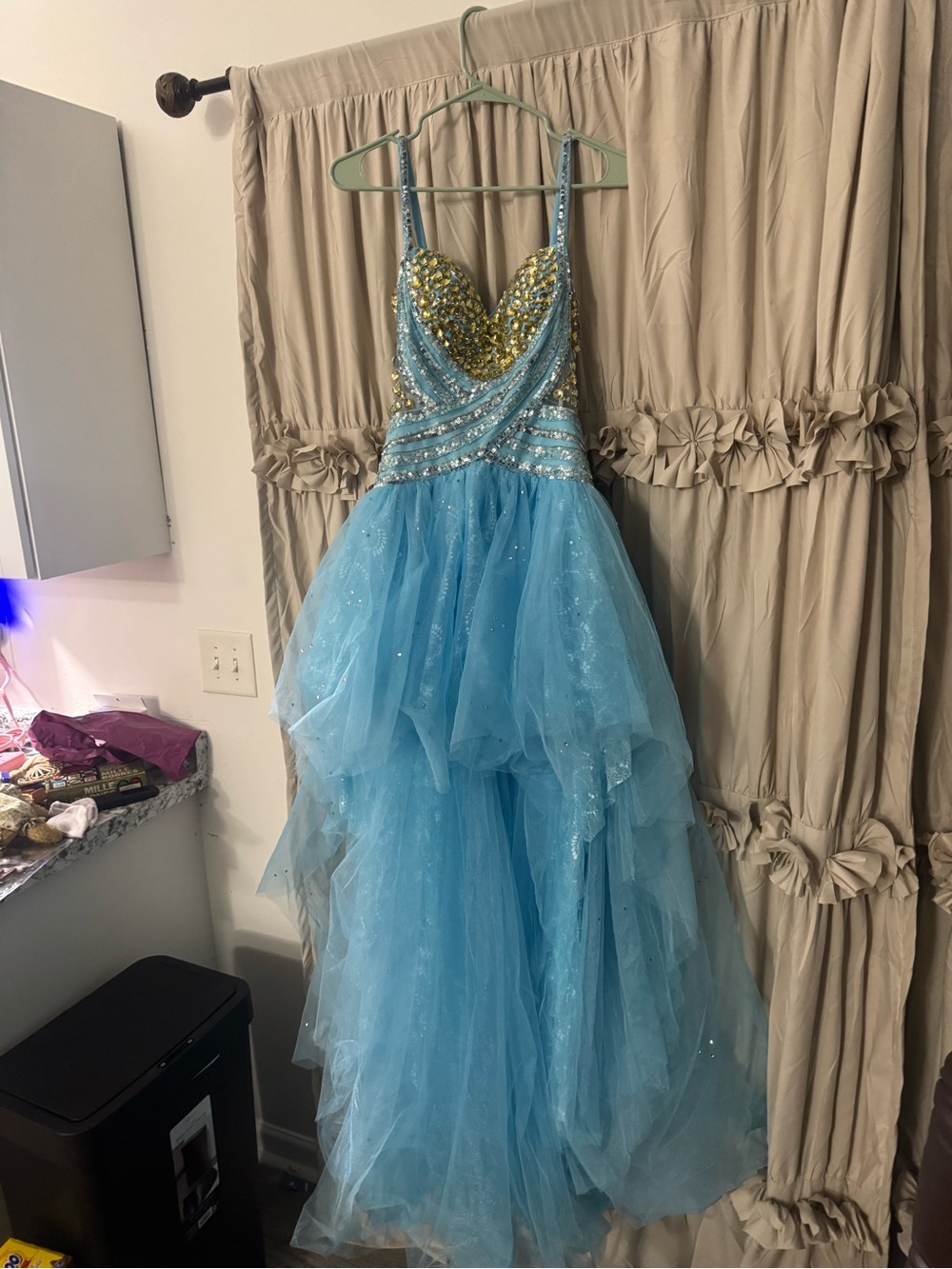 Sherri Hill Light Blue and Gold Beaded High-Low Prom Dress - Picture 10 of 12